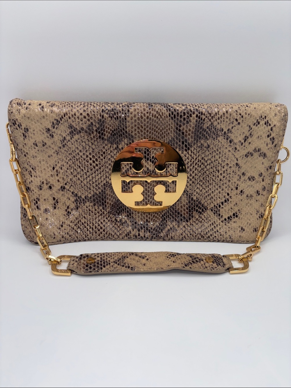 Tory Burch Snake-Print Clutch with Gold Logo Chain